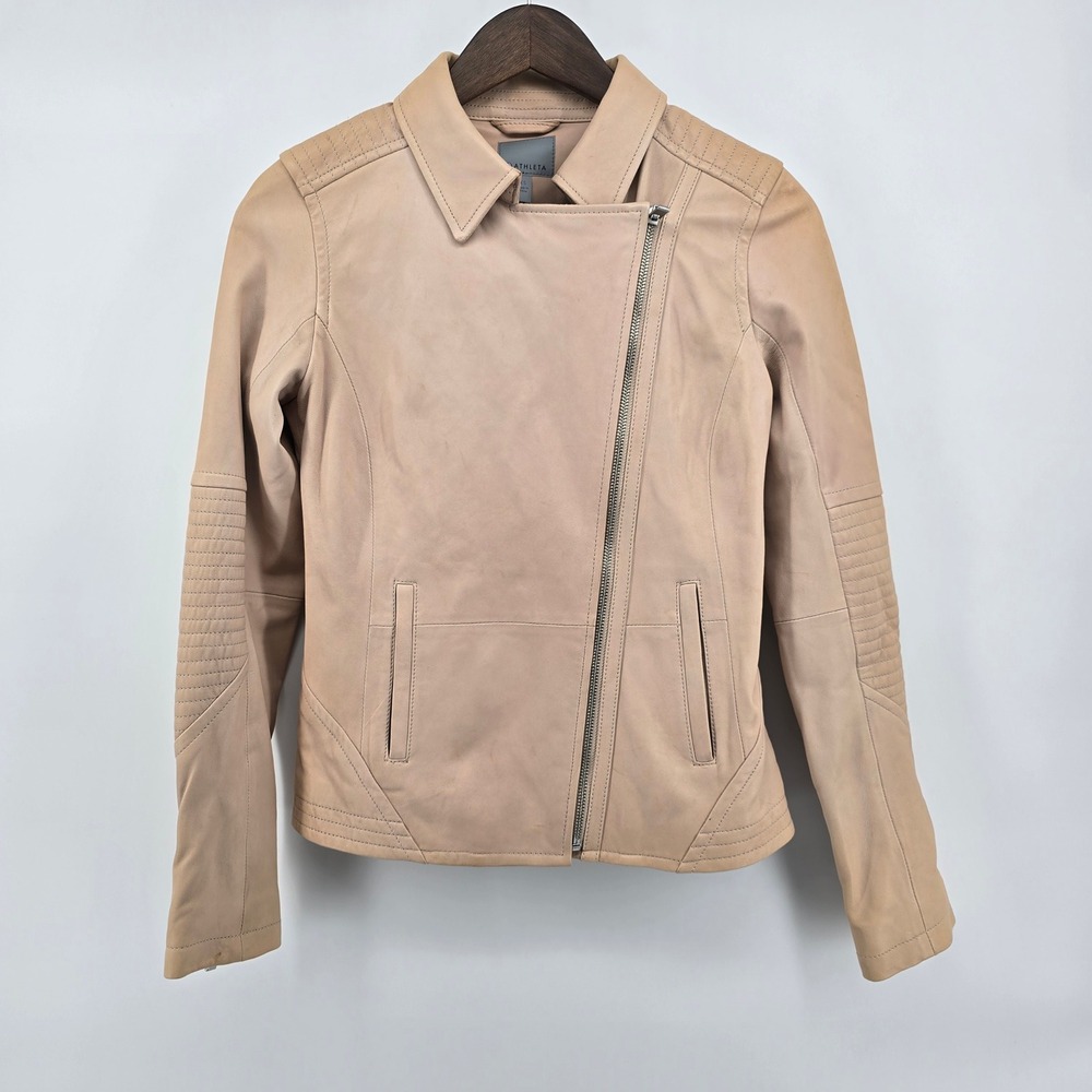 Athleta Womens Tan Beige Genuine Leather Moto Biker Jacket Asymmetrical Zip XS